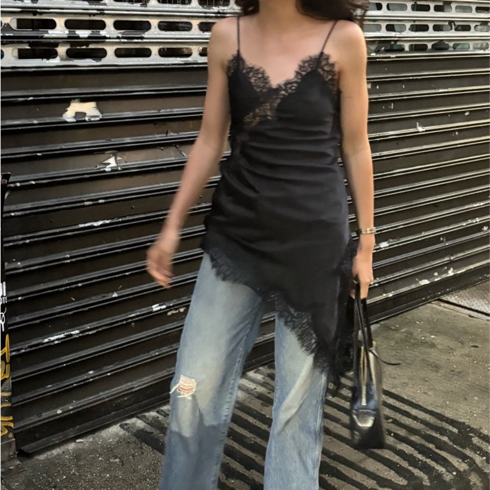 Zara Asymmetrical Black Lace Mini Dress S Chemise slip satin slit delicate LBD 2 - Picture 3 of 10